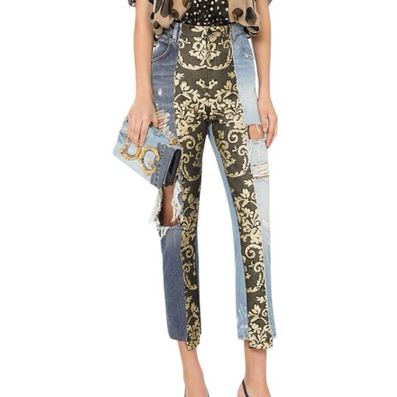 Dolce & Gabbana ~multi-distressed-brocade-relaxed-crop-jeans~missing brand patch - Picture 1 of 16